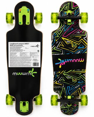 un gros plan d'un skateboard orné de néons