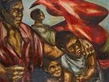 une peinture à l'huile représentant un homme tenant un enfant et un drapeau