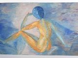 a painting of a woman sitting on the ground