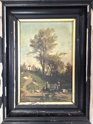 tableau représentant un paysage avec un homme et une femme sur une charrette tirée par des chevaux
