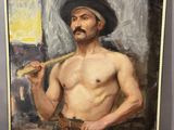painting of a shirtless man holding a baseball bat in his right hand