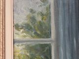 an oil painting of a cat sitting in a window sill looking out
