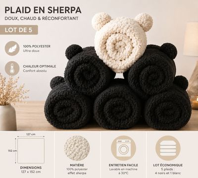 Lot de 5 plaids 1 blanc et 4 noir