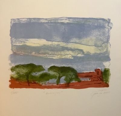 a picture of a painting of a landscape with trees