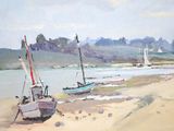 a painting of boats on the beach by the water