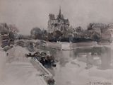 painting of a view of a river with a castle in the background