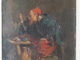 tableau représentant un homme assis à une table avec un verre de vin