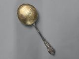 a silver spoon with a gold leaf on it