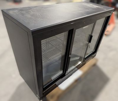 a black metal cabinet with two glass doors on it