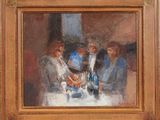 an oil painting of a group of people sitting around a table