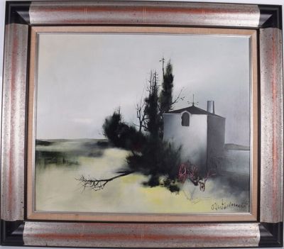an oil painting of a house in a field with a tree in the foreground