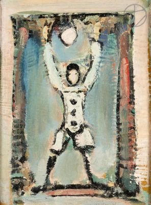 an image of a painting of a man holding a ball in the air