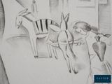 pencil drawing of a woman and a dog in a living room