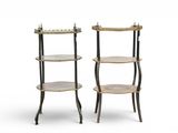 pair of three tiered side tables with metal and wood tops