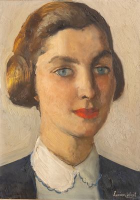 une peinture à l'huile représentant une femme vêtue d'une veste bleue et d'une chemise à col blanc