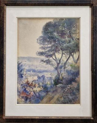une image représentant une aquarelle représentant un paysage avec des arbres