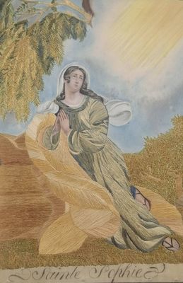 une image représentant un tableau où l'on voit une femme agenouillée dans un champ
