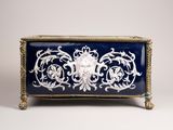 a blue and white box that has a lion on it