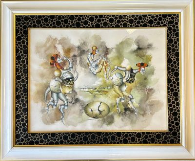 a picture of a painting of a group of people playing soccer