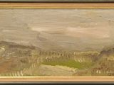 une peinture à l'huile représentant un paysage avec des collines et des arbres au loin
