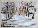 un tableau représentant une personne marchant dans une rue enneigée
