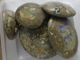 a plastic container filled with rocks on top of a wooden table