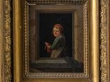 painting of a young girl looking out a window with a red hat