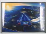 une photo d'un tableau représentant un avion survolant un pont