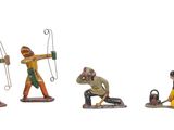 plusieurs figurines représentant des hommes armés d'arcs et de flèches sur fond blanc