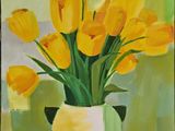 painting of yellow tulips in a white vase on a green background