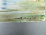 a picture of a watercolor painting of a person on a surfboard