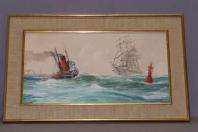 a picture of a painting of a ship in the water