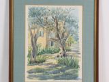 framed watercolor painting of a house and trees in a garden
