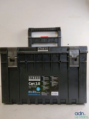 a black toolbox with a blue label on it