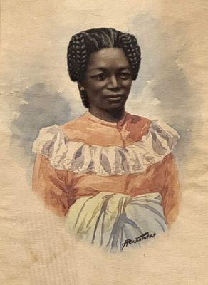 portrait d'une femme noire aux tresses, vêtue d'un chemisier rose