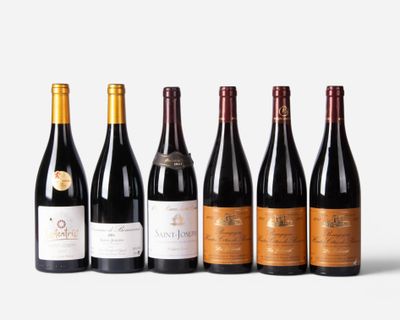 six bottles of red wine lined up in a row