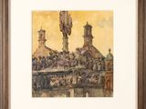 an image of a painting of a city with a clock tower in the background