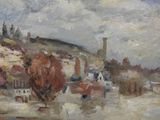 a painting of a town on the water with boats in the water