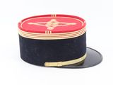 a black hat with a red and gold design on it