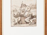 a drawing of a woman sitting on a stool with a dog
