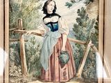 painting of a woman standing on a bridge with a basket in her hand