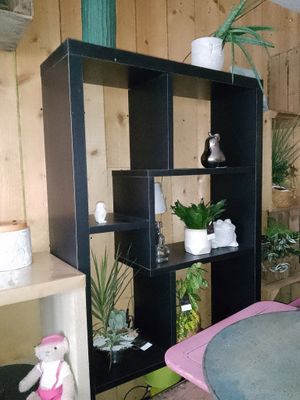 a room with a table and a shelf with plants on it