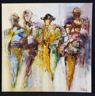 peinture d'un groupe de personnes marchant dans une rue avec des parapluies