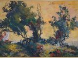 an oil painting of a landscape with trees and a house in the distance