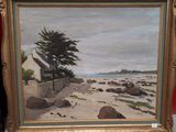 a picture of a painting of a house on the beach