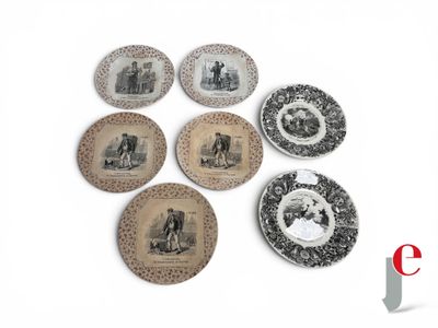 six plates with pictures of people and animals on them