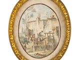 une vieille photo représentant un tableau représentant une scène de village, dans un cadre doré