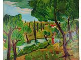 an oil painting of a landscape with trees and a river