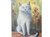 a painting of a white cat sitting on a table