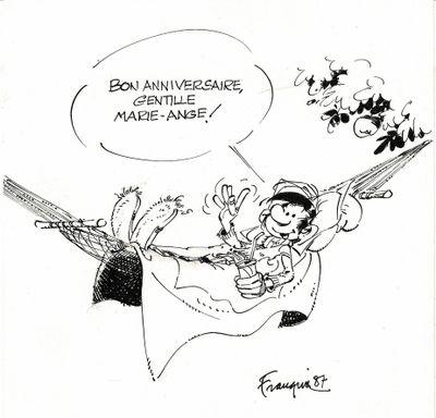 dessin humoristique représentant une femme allongée dans un hamac, un bébé sur les genoux, avec une bulle au-dessus d'elle